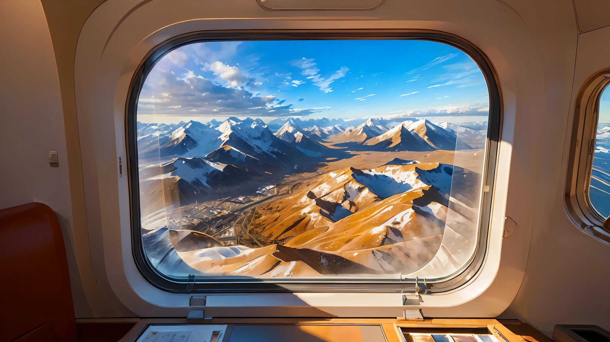 (((masterpiece))), (((highest quality))), ((Super detailed)), (((Draw the view outside the window))), Outside view from inside the plane, Windows with rounded corners, A small townscape. Mountains in the distance々, Clouds and sunshine, beautiful skyline,magic hour:1.2, wide angle shot.
