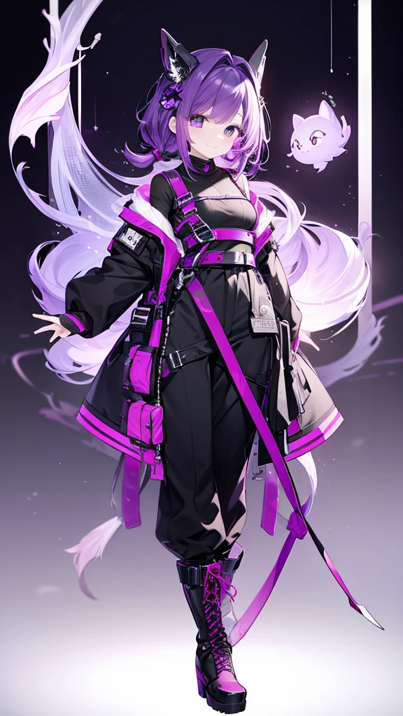 purple hair,girl,1 person,medium hair,No sleeve,Harness,pants,boots,simple background,smile,whole body,full body,standing position,Standing picture,VTuber,front,Eyes on the viewer,視線をfrontに,arm to the side