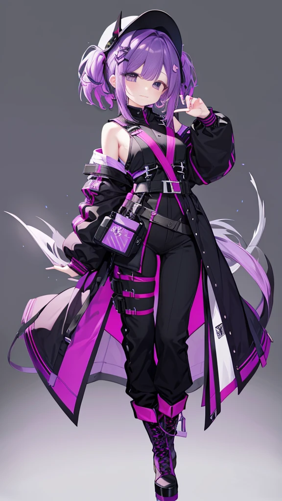 purple hair,girl,1 person,medium hair,No sleeve,Harness,pants,boots,simple background,smile,whole body,full body,standing position,Standing picture,VTuber,front,Eyes on the viewer,視線をfrontに,arm to the side