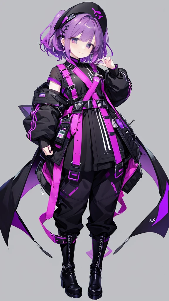 purple hair,girl,1 person,medium hair,No sleeve,Harness,pants,boots,simple background,smile,whole body,full body,standing position,Standing picture,VTuber,front,Eyes on the viewer,視線をfrontに,arm to the side