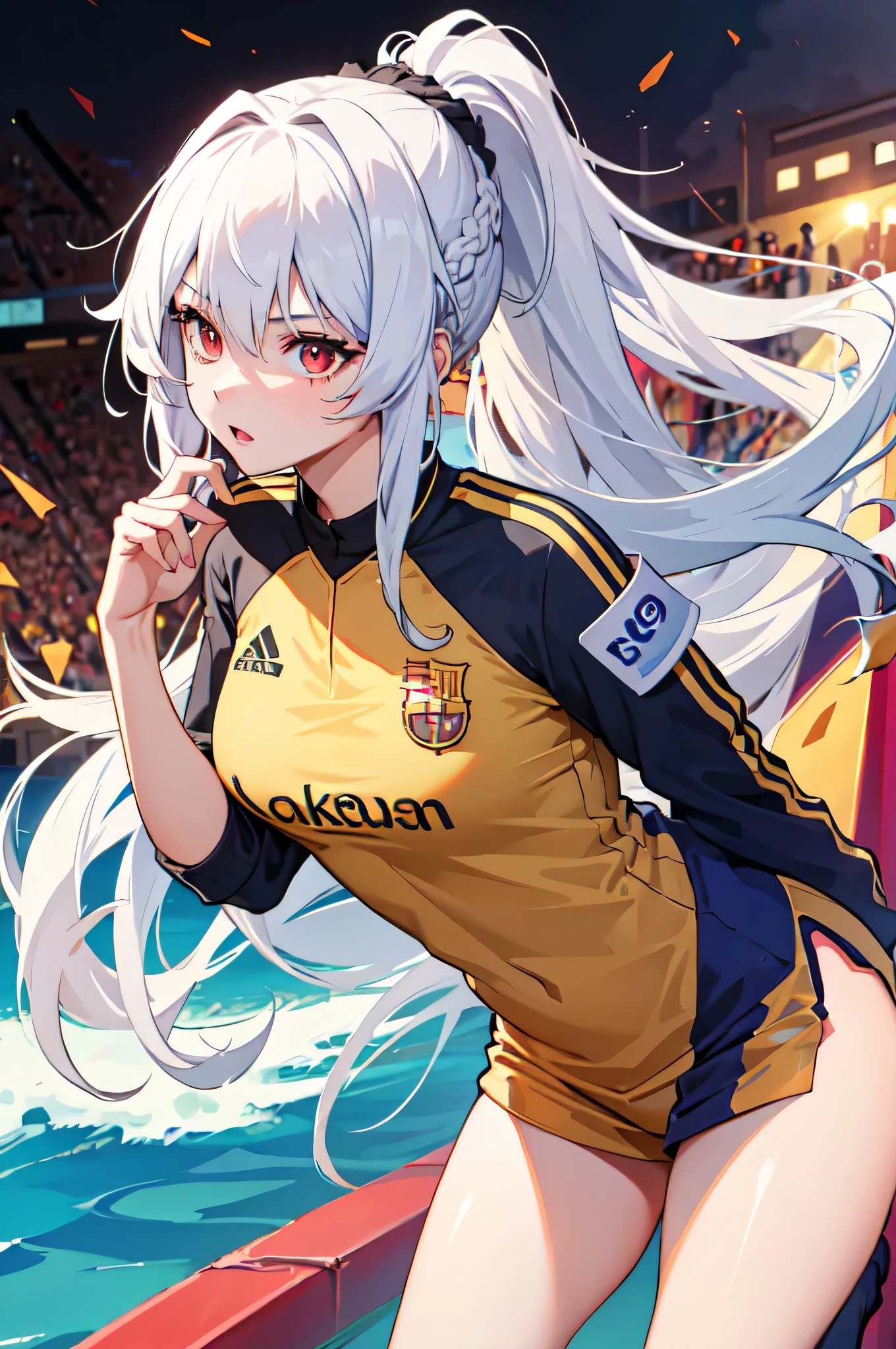 1girl,Barcelona FC football jersey,longhair,white hair,ponytail hair,red eyes