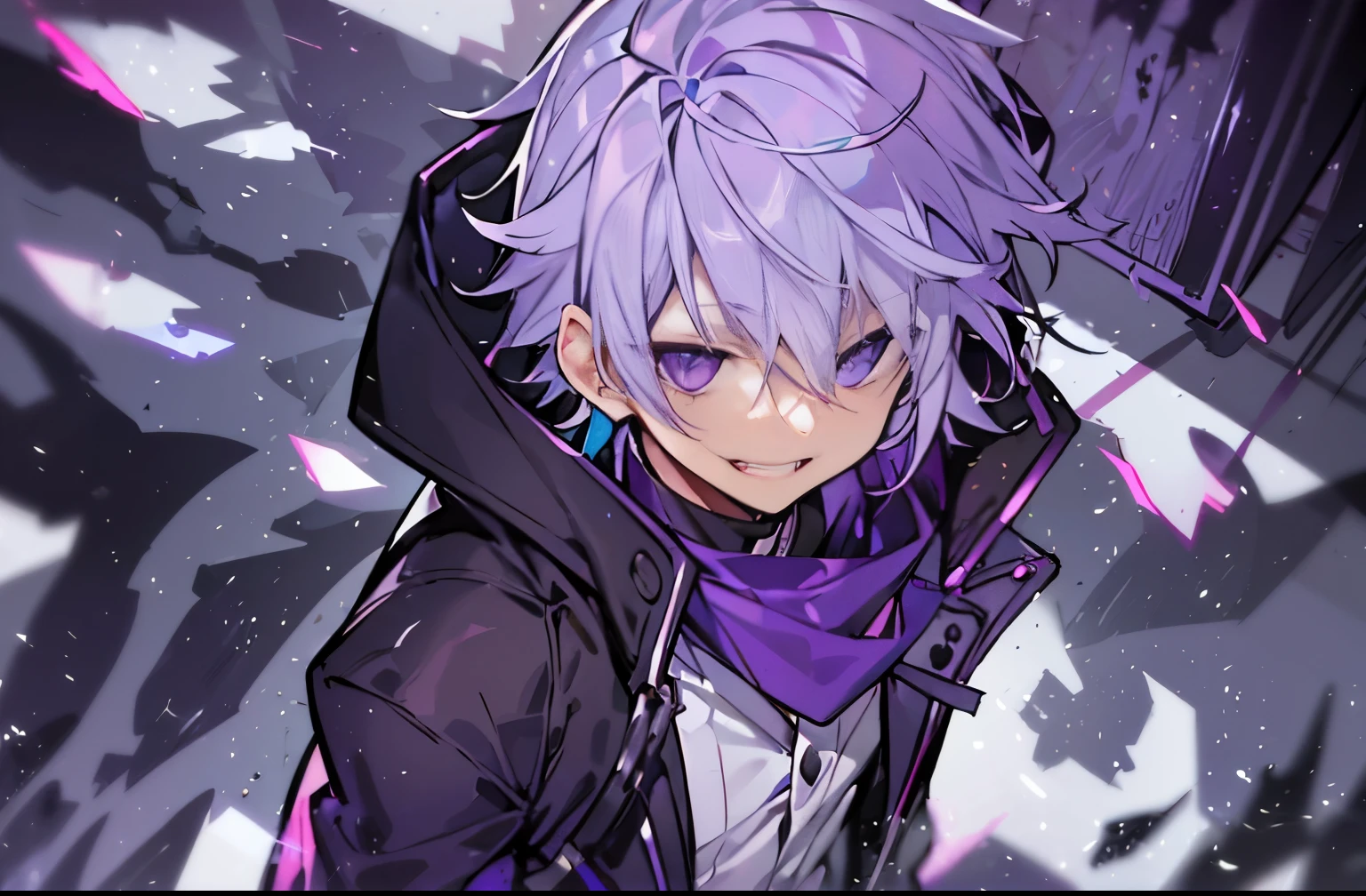 One Boy、hight resolution,close range、Anime boy with white hair and purple eyes、white  hair、 shining purple eyes、slim、Shadow Body、de pele branca、monochromes、hair messy、Sharp eyes、Wearing black clothes、Pure black coat、Grinning、domino mask covering face