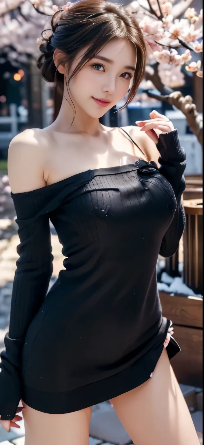 (((masterpiece:1.4, best quality:1.4, 8K, ultra high resolution, Physically based rendering))), full body portrait, Super beautiful sexy woman, Perfect style and figure, 24 years old, (beautiful big eyes), Fine eyebrows, emphasize, ((Dark brown half updo hair)), Highly detailed facial and skin textures, Clear focus:1.2, slim and beautiful:1.4, ((huge breasts:1.7, Nipples erect:1.2)), slim abs:1.1, Yao Liu:1.2, clear facial features, (No makeup), (((Black knitted dress, take off shoulders, dress lift:1.4, :1.4, thin and long))), (Transparent black stockings), (((Detailed beautiful pussy exposed:1.4, :1.5))), (((Wind Cat:1.4, cum in:1.5, Turbid liquid dripping down the thigh:1.5, spread pussy:1.2,))), (Smile:1.3, red blush:1.2, Lift your chin:1.2), (Stand with legs open:1.4), (from below:1.1), (looking at the audience:1.1), ((beautiful night view:1.4)), ((Cherry blossoms blooming at night:1.4)), ((cherry blossoms at night:1.4, patio seating, lantern, warm light)), (Falling cherry blossoms, Sakura Blizzard:1.4), (Sakura Snow:1.4), (sky full of stars:1.3), (Surrounded by blooming cherry blossoms), (Background full of cherry blossoms:1.4),