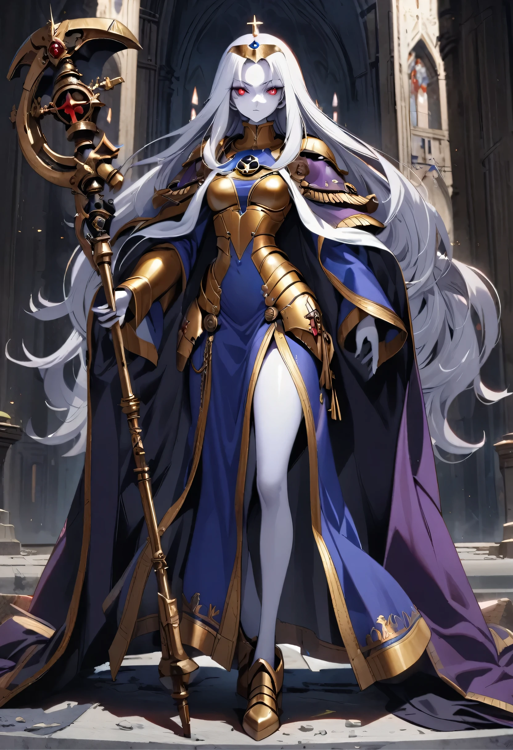anime - style, Female Priestess, Female, Warhammer 40k, Solo, Detailed Face, Detailed Eyes, Blue Cloth, White Trim, Full Body, White Hair, Long Hair, Neat Hair, Tall, Slender, Gold Armor, Science Fiction, Looking at Viewer, Church, Stoic, Purple Robe, One Staff, White Skin, Red eyes, Expressionless, Cassia Orsellio, Tiara, Long Cloak, No Bangs,