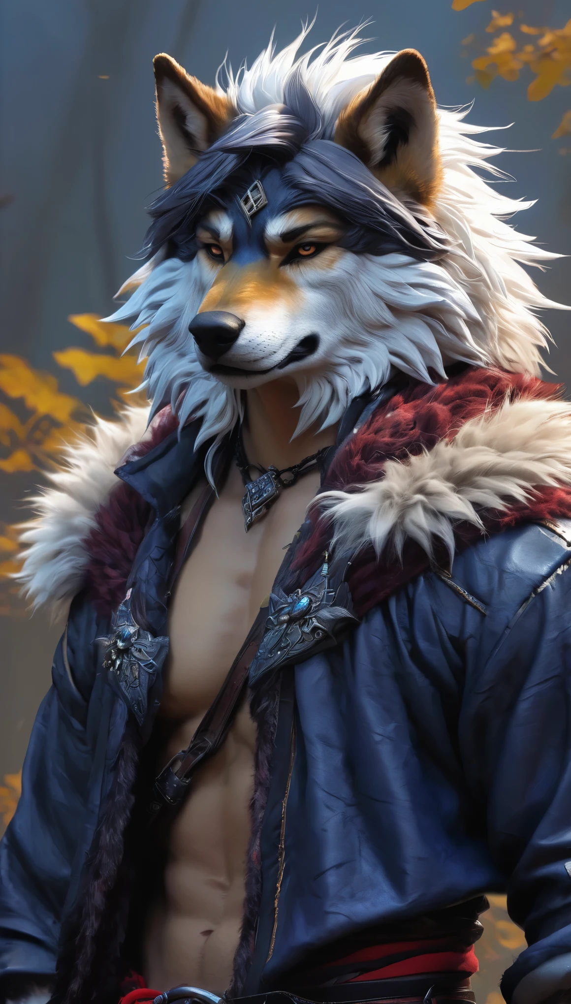 blaidd,blaidd cloak,Ruan Jia,Pino Daeni,darkgem,dimwitdog,muscular male wolf anthro, (detailed face), (detailed fluffy fur)