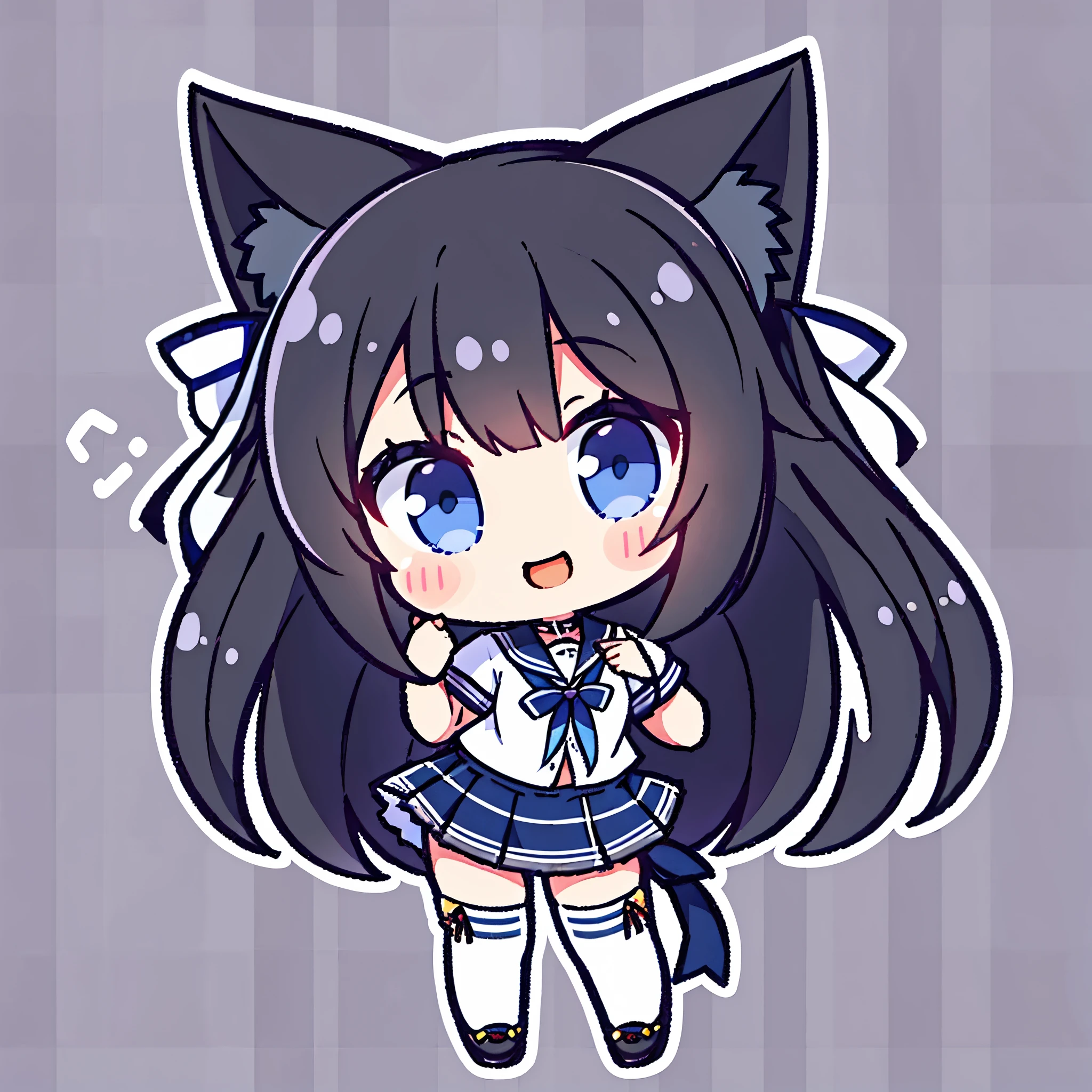 girl,one person, long black hair, Cat ear,, , high school girl, tartan check miniskirt, white short sleeve shirt, navy blue socks, smile, blank background, whole body, high quality,ribbon on the chest