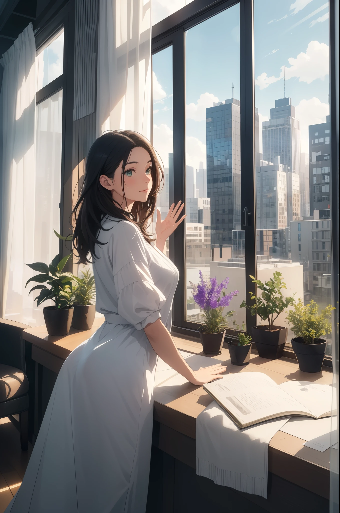 (best quality,4k,8k,highres,masterpiece:1.2), a girl looking out the window, ultra-detailed,realistic,warm sunlight,reflection in the glass,curtains gently blowing,serene atmosphere,clean and tidy room,cozy interior,modern furnishings,indoor plants,floor-to-ceiling window,panoramic cityscape,blue sky and fluffy clouds,tall buildings and skyscrapers,green trees and parks,waving fields in the distance,peaceful river flowing by,soft breeze,clean air,fresh flowers on the windowsill,refined taste,stylish clothing,relaxing music playing,background filled with calmness and tranquility