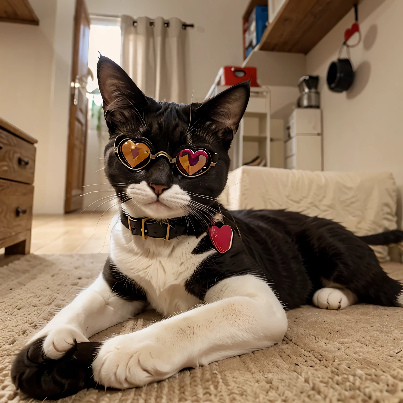 A cat with heart shaped goggles