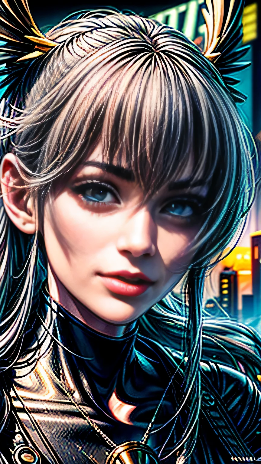 (((close up of face))), highest quality, realistic, realistic, award-winning illustrations, (intricate details: 1.2), (delicate details), (intricate details), (cinematic light, highest qualityのバックライト), clear line, sharp focus, official art, unity 8k wallpaper, absurd, incredibly absurd, Large archive files, Ultra- (in_main visual_street: 1.21), (neon lamp), fantasy art, nffsw, ((Close-up photos of the award-winning Studio Triangle)),  1 girl, incredibly beautiful, (Perfect smiling mouth), small breasts,((cyberpunk cityscape, Valkyrie,knife, robot arm)),Precise in beautiful eyes,perfect face,(cyberpunk blouse, leather jacket, Martin Boots),(perfect hands and fingers),(pleated skirt)), ((Supermodel Bag)), close up of face,