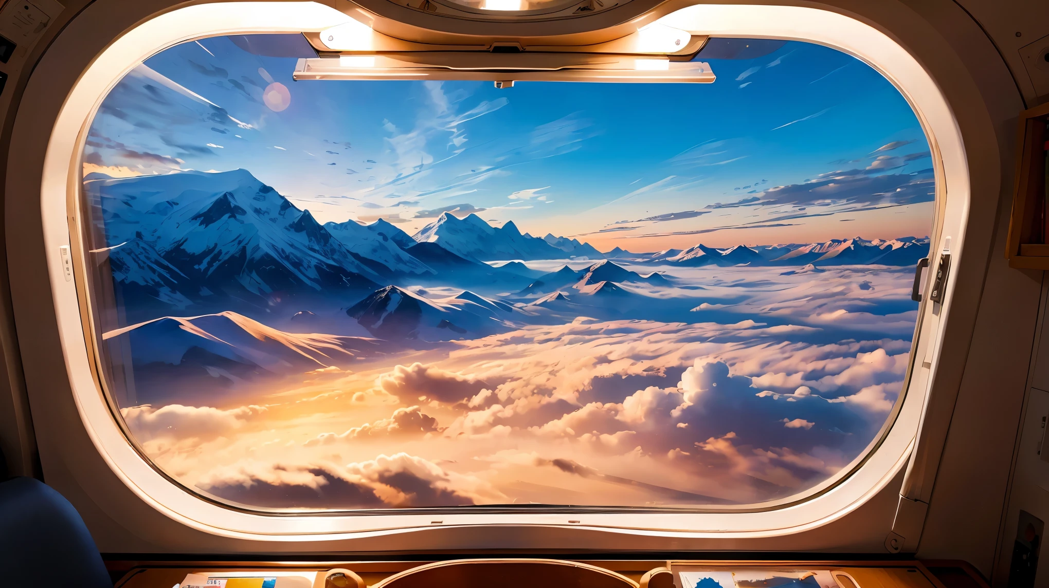 (((masterpiece))), (((highest quality))), ((Super detailed)), (((Draw the view outside the window))), Outside view from inside the plane, Window with rounded corners 1, A small townscape. Mountains in the distance々, Clouds and sunshine, sunset, beautiful skyline,magic hour:1.2, wide angle shot.