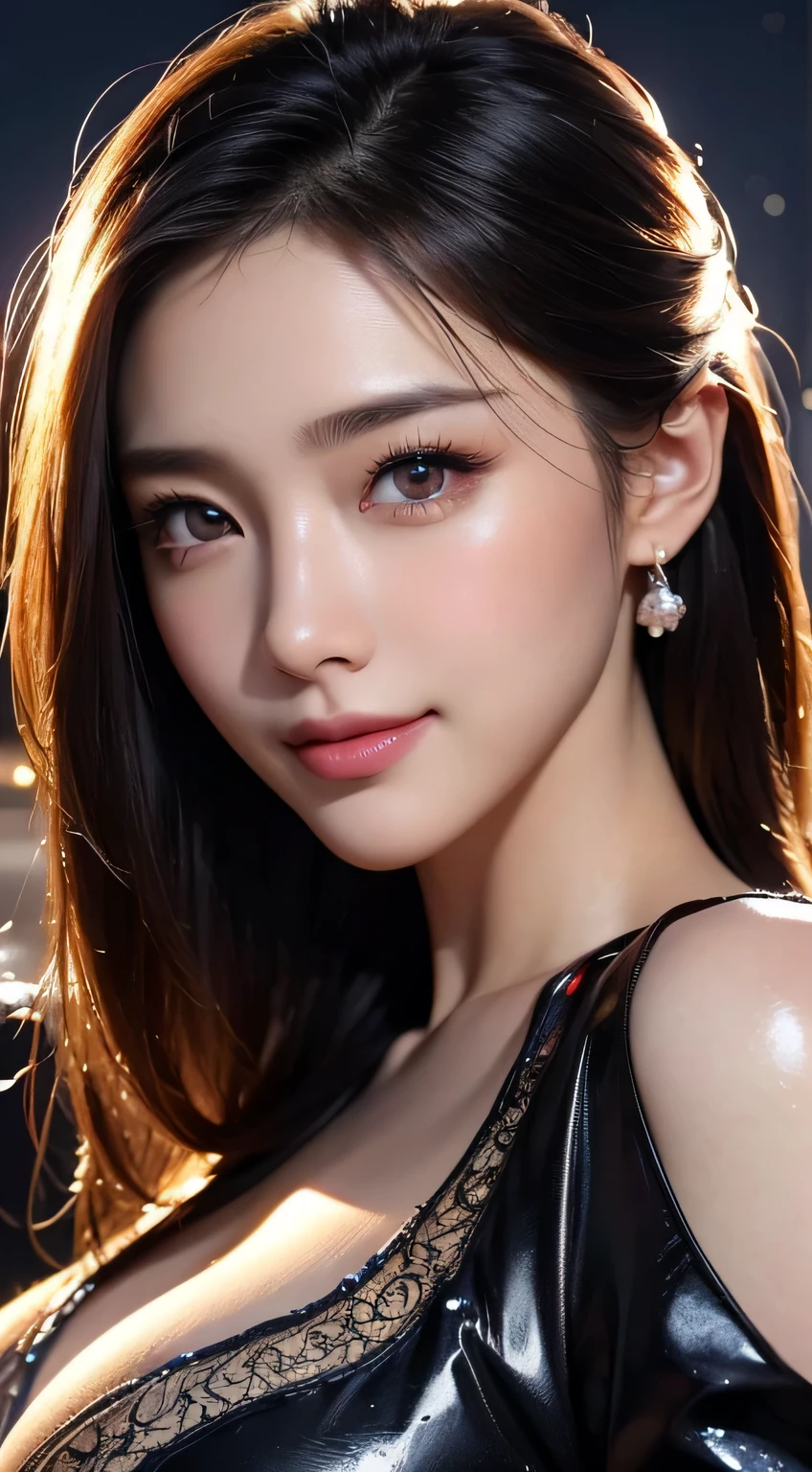 Beautiful woman in kimono,body portrait、8k,fine and beautiful eyes,Dindal effect、masterpiece, 最high quality, high quality, High resolution、very detailed photos、(natural skin texture、fine skin、hyper realism、Super sharpness)、high detail skin、(very detailed、fine skin texture、intricate details、beautiful face、(lifelike face)、realistic eyes、beautiful and detailed eyes、real looking skin、beautiful skin、surreal、very detailed、golden ratio、with smiling eyes、((night moonlight background))、body portrait、G cup、big breasts,glamorous,shiny bodysuit