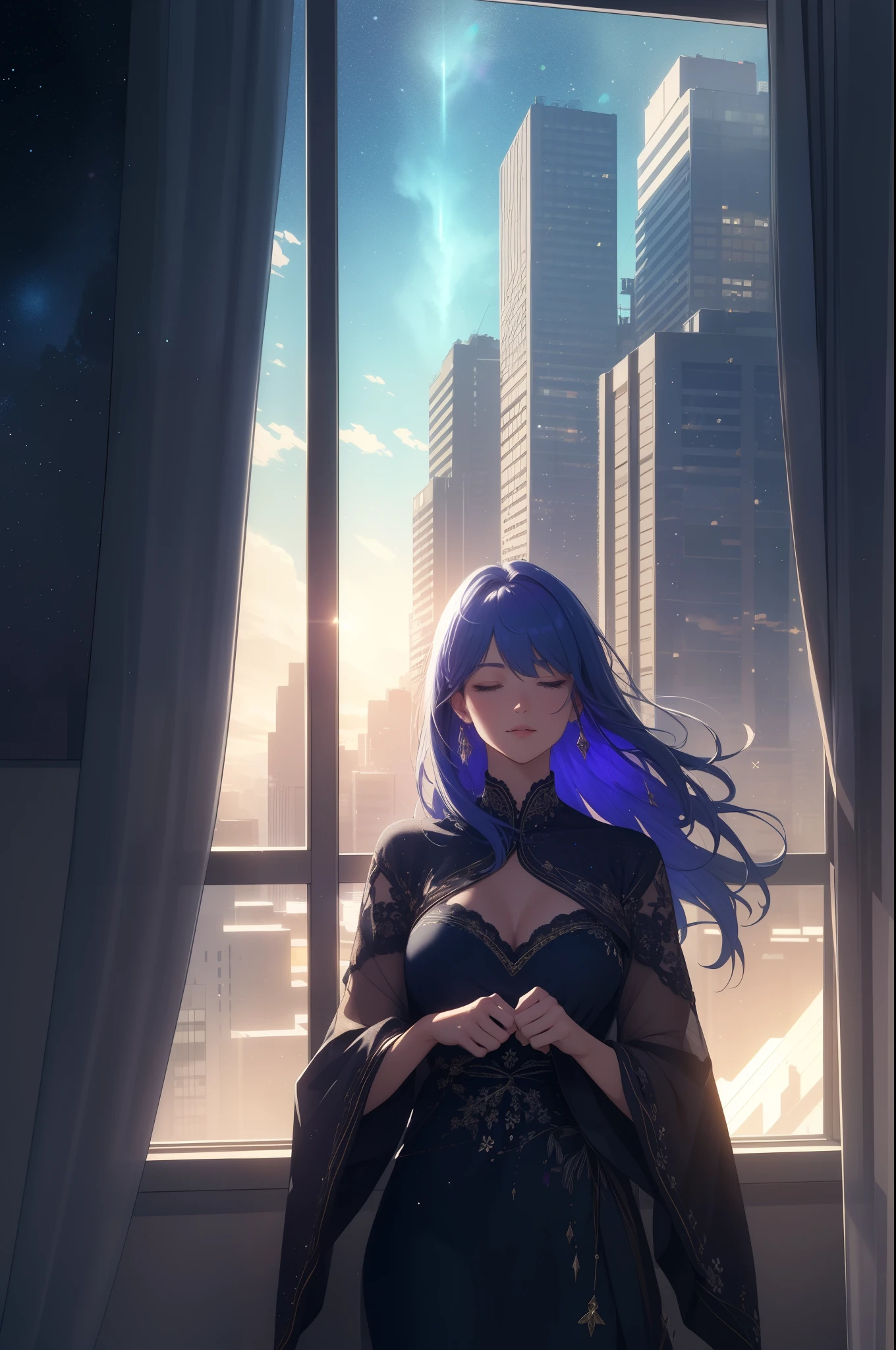 (best quality,4k,8k,highres,masterpiece:1.2),ultra-detailed,realistic,warm sunlight,reflection in the glass,curtains gently blowing,serene atmosphere,clean and tidy room,cozy interior,modern furnishings,indoor plants,floor-to-ceiling window,panoramic cityscape,blue sky and fluffy clouds,tall buildings and skyscrapers, green trees and parks,waving fields in the distance,peaceful river flowing by,soft breeze,clean air,fresh flowers on the windowsill,refined taste,stylish clothing,relaxing music playing,background filled with calmness and tranquility, night sky, starry sky, Galaxy sky,,Depth of field, wallpaper, high contrast, intricate details, volumetric lighting, (dynamic composition:1.0), highly detailed, colorful details, (iridescent colors), (glowing lighting, atmospheric lighting), dreamy, magical, (solo), lens flare, (colorful:1.2), Cinematic light, high-res, sharp focus, smooth, colorful light, particles, rainbow colors schemes,