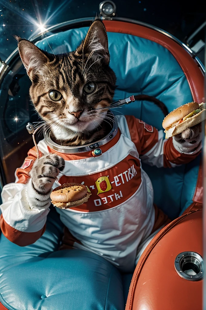 Cat eating a hamburger while floating in outer space wearing a Soviet astronaut outfit