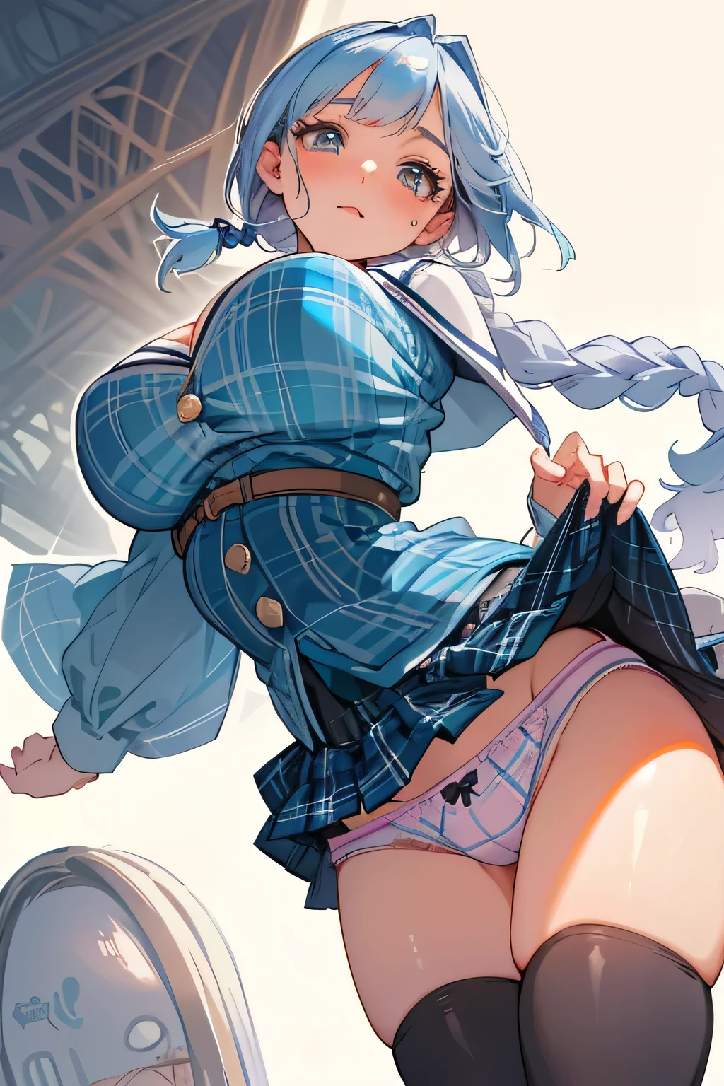 (highest quality:1.4)、High resolution、detailed background)、(detailed beautiful face:1.4)、detailed facial expressions、anatomically correct、beautiful and smooth skin、skin texture、professional lighting、beautiful age girl、(two beautiful girls)、(huge breasts:1.3)、
cute hair color、braided bob、braided ponytail、realistic、perfect body line、thick thighs、Attractive big ass、cute gesture、cute、sexual expression、Sexual buttocks、emphasize the chest、emphasize cleavage、
See-through sailor suit、cute white sailor collar、Pleated mini skirt with tartan plaid pattern、white knee high socks、petticoat、white lace panties、In the classroom、
(Looking up at the panties from below:1.3)、(Close-up of panties from directly below:1.3)、Looking at me with cold eyes、sexual expression、underboob、panty shot、cameltoe