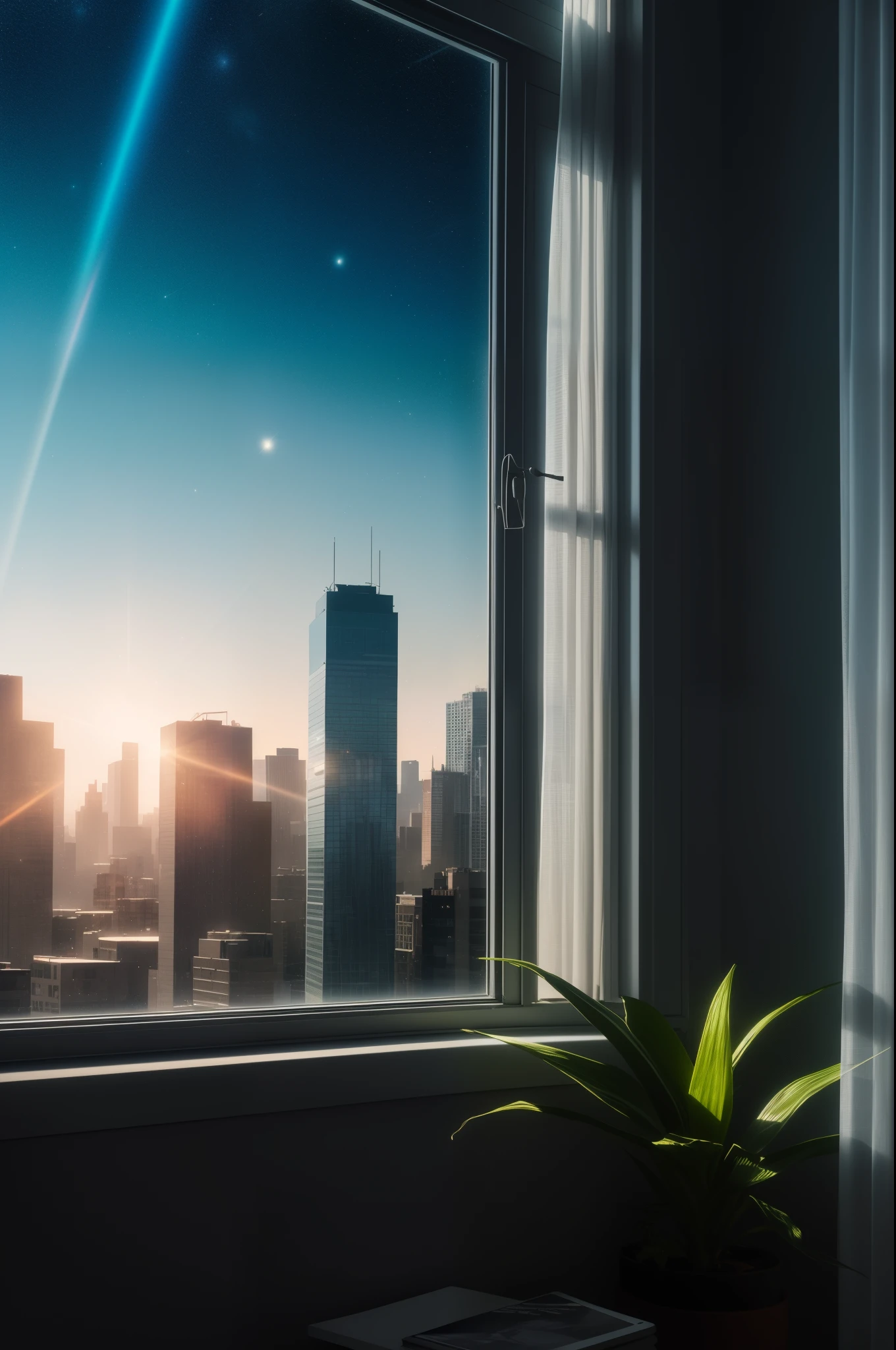 (best quality,4k,8k,highres,masterpiece:1.2),ultra-detailed,realistic,warm sunlight,reflection in the glass,curtains gently blowing,serene atmosphere,clean and tidy room,cozy interior,modern furnishings,indoor plants,floor-to-ceiling window,panoramic cityscape,blue sky and fluffy clouds,tall buildings and skyscrapers, green trees and parks,waving fields in the distance,peaceful river flowing by,soft breeze,clean air,fresh flowers on the windowsill,refined taste,stylish clothing,relaxing music playing,background filled with calmness and tranquility, night sky, starry sky, Galaxy sky,,Depth of field, wallpaper, high contrast, intricate details, volumetric lighting, (dynamic composition:1.0), highly detailed, colorful details, (iridescent colors), (glowing lighting, atmospheric lighting), dreamy, magical, (solo), lens flare, (colorful:1.2), Cinematic light, high-res, sharp focus, smooth, colorful light, particles, rainbow colors schemes,