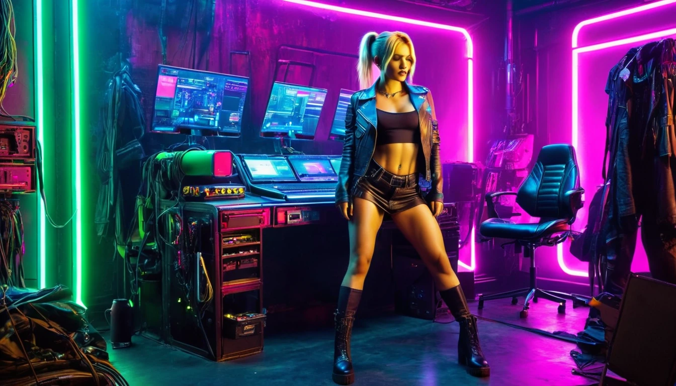 realistic, a futuristic cyberpunk hackerspace at night with many computer parts laying around, several screens and keyboards on a metal desk, green and purple and yellow and pink neon and LED lights, a large dark red leather armchair standing in the middle of the room, on the chair sits a flat chested girl teasing the viewer, legs spread, dark blue worn down cutoff jeans miniskirt, dirty old black leather SAS boots, torn olive tank top, undressing her very worn black leather jacket, blonde hair with a slight pink undercut