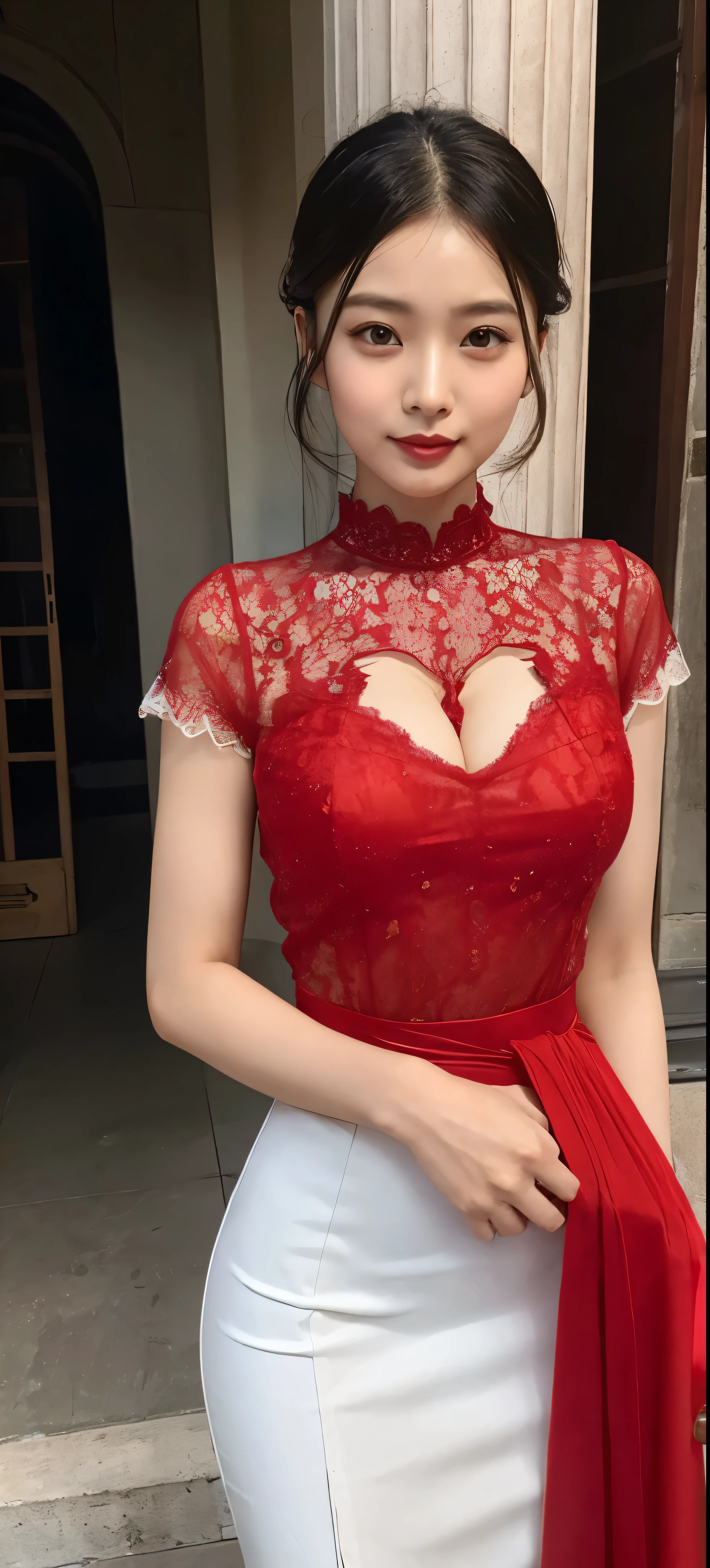 1girl,baiyi,large breasts,red lips,smile,ponytail,realistic, 1 girl, indonesian girl, 23 years old, (black hair super-long 1 meters), (very beautiful face, very sweet, sharp eyes like an angel from heaven ), (beautiful hair), actress, smile, shiny skin, best quality, masterpiece, (photorealistic:1.4), terrace seating, asian, indonesian, jakarta, denim long skirt (realistic fabric), white short sleeves (cotton fabric), (no logo), thin fingers, a woman in a red dress posing for a picture in a courtyard, a picture by Emma Andijewska, tumblr, tachisme, sexy gown, opened dress, wearing an elegant dress, fantasy long intricate gown, sexy dress, dressed beautiful gown, red gown, wearing a magnificent dress, dressed in red lace, translucent dress, extravagant dress, see through dress