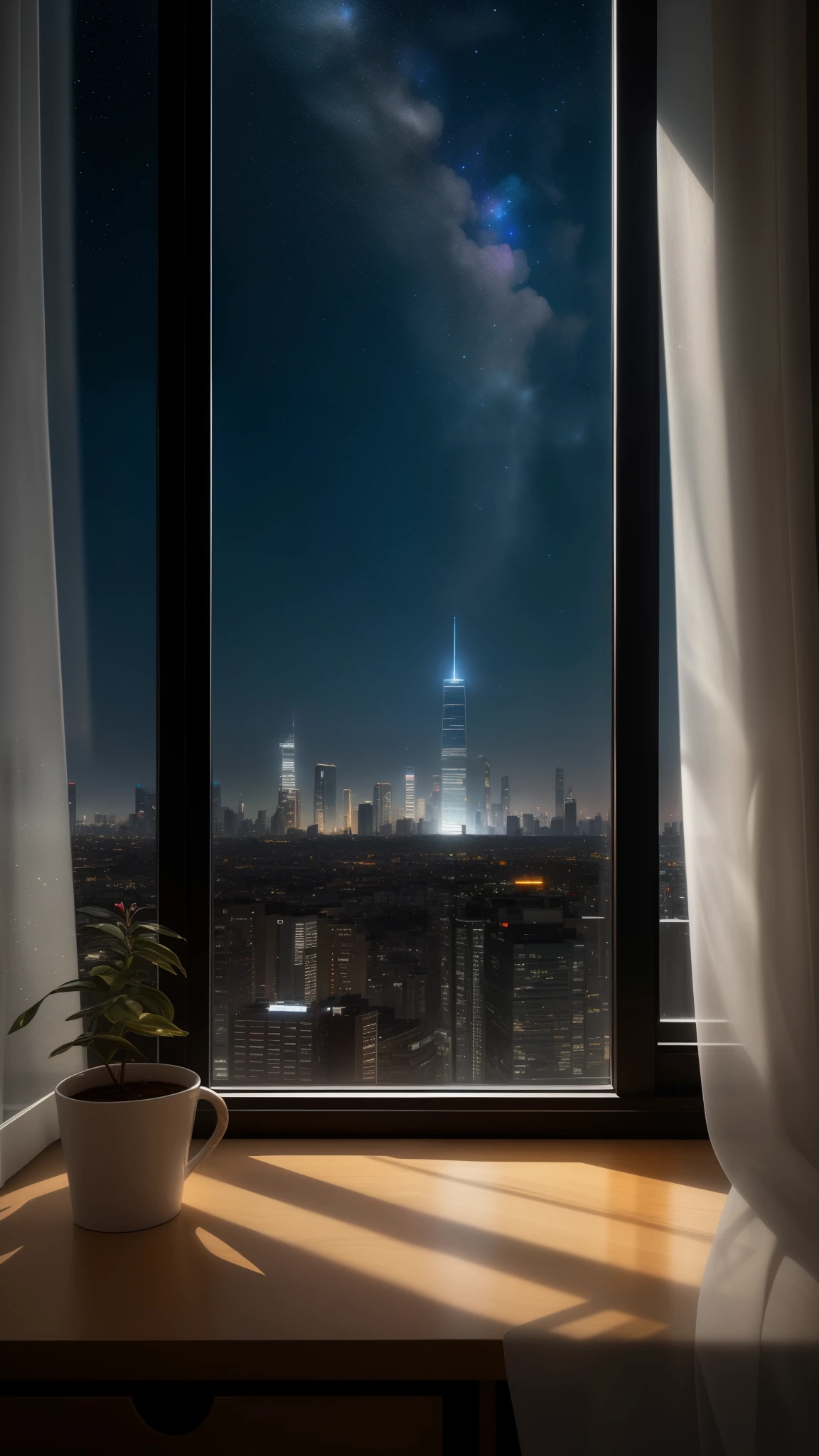 (best quality,4k,8k,highres,masterpiece:1.2),ultra-detailed,realistic,warm sunlight,reflection in the glass,curtains gently blowing,serene atmosphere,clean and tidy room,cozy interior,modern furnishings,indoor plants,floor-to-ceiling window,panoramic cityscape,blue sky and fluffy clouds,tall buildings and skyscrapers, green trees and parks,waving fields in the distance,peaceful river flowing by,soft breeze,clean air,fresh flowers on the windowsill,refined taste,stylish clothing,relaxing music playing,background filled with calmness and tranquility, night sky, starry sky, Galaxy sky,,Depth of field, wallpaper, high contrast, intricate details, volumetric lighting, (dynamic composition:1.0), highly detailed, colorful details, (iridescent colors), (glowing lighting, atmospheric lighting), dreamy, magical, (solo), lens flare, (colorful:1.2), Cinematic light, high-res, sharp focus, smooth, colorful light, particles, rainbow colors schemes,