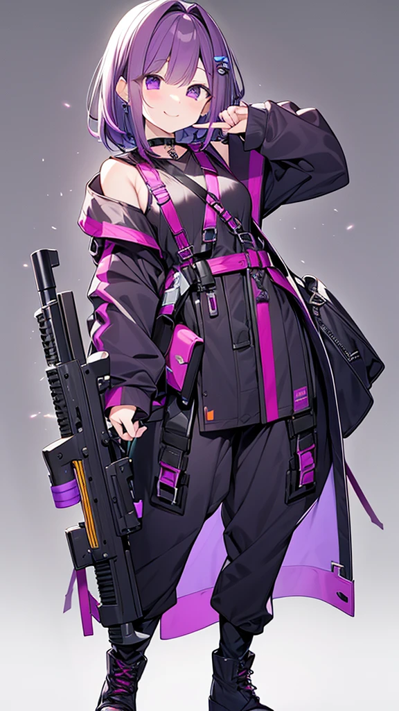 purple hair,girl,1 person,medium hair,No sleeve,Harness,pants,boots,simple background,smile,whole body,full body,standing position,Standing picture,VTuber,front,Eyes on the viewer,視線をfrontに,arm to the side