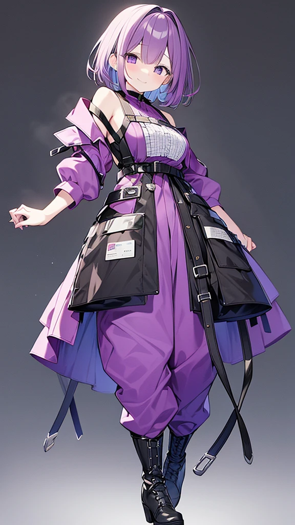 purple hair,girl,1 person,medium hair,No sleeve,Harness,pants,boots,simple background,smile,whole body,full body,standing position,Standing picture,VTuber,front,Eyes on the viewer,視線をfrontに,arm to the side