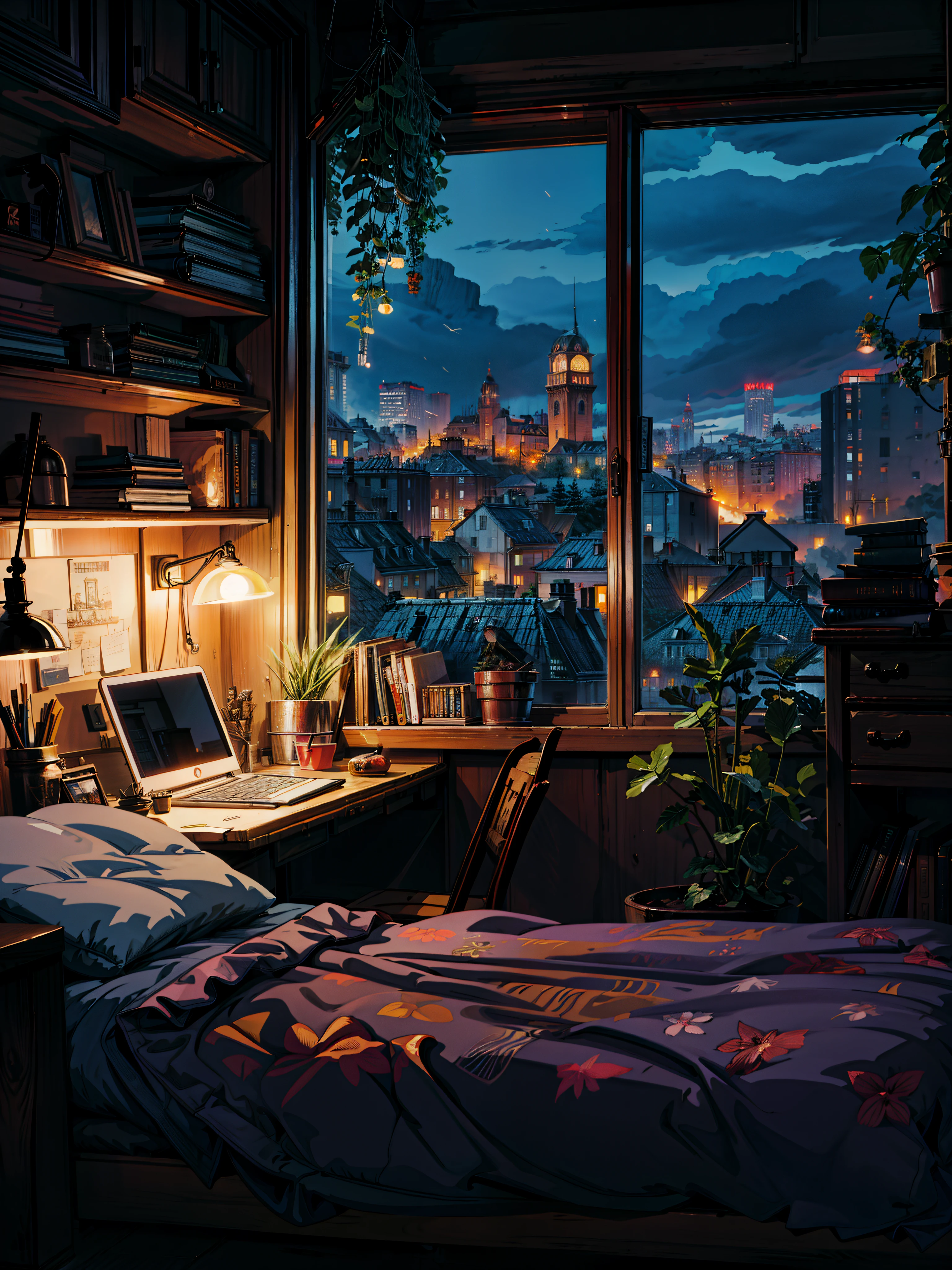 a bedroom with a view of a city at night, cozy room, cute room, cozy atmospheric, city apartment cozy calm, photorealistic room, cozy environment, cozy atmosphere, cozy home background, cozy wallpaper, inside a cozy apartment, cozy place, small and cosy student bedroom, cozy night fireflies, cyberpunk ager bedroom, dream atmosphere, cozy lights, 4k hd,, beautiful art uhd 4 k, a beautiful artwork illustration, beautiful digital painting, highly detailed digital painting, beautiful digital artwork, detailed painting 4 k, very detailed digital painting, rich picturesque colors, gorgeous digital painting