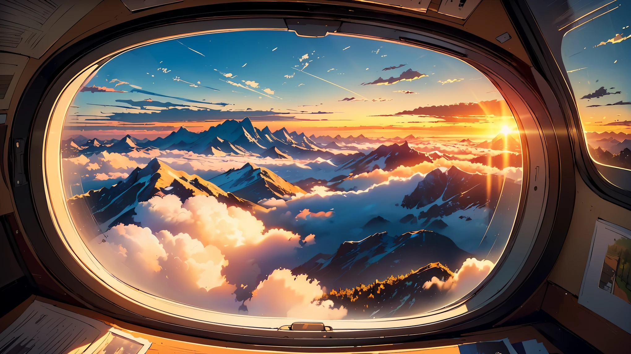 (((masterpiece))), (((highest quality))), ((Super detailed)), (((Draw the view outside the window))), Outside view from inside the plane, Window with rounded corners 1, A small townscape. Mountains in the distance々, Clouds and sunshine, sunset, beautiful skyline,magic hour:1.2, wide angle shot.