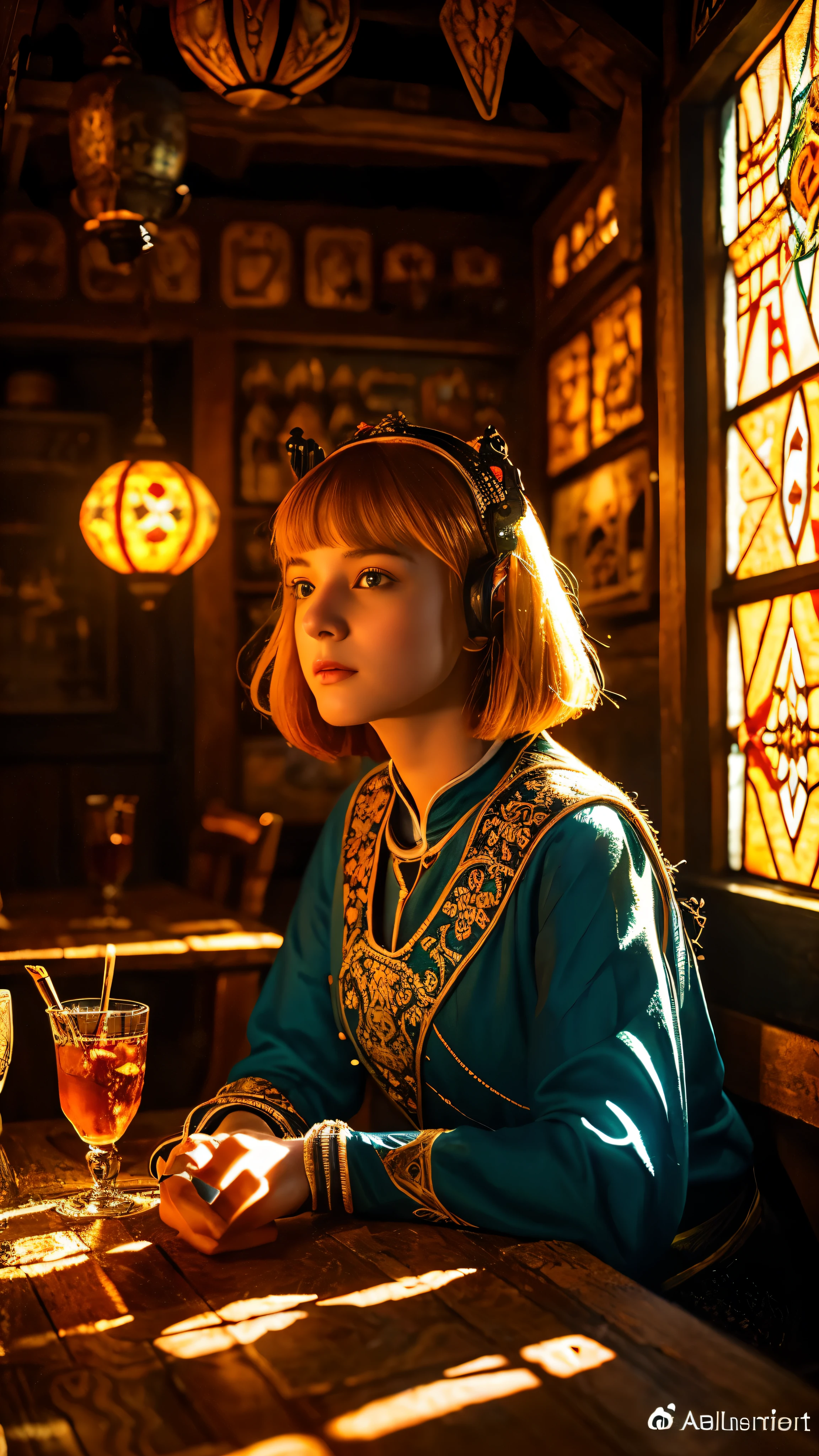 young ginger woman, medieval tale tavern, intricately detailed colorful interior, detailed intense sunrise lightning, best geometry, award wining masterpiece, ultra intricate shadows and lighting, best lighting, best shadows, intricate busy setting, trending on art station, global illumination, selfilluminated, bioluminescence, midjorney style, art by Albert Bierstadt