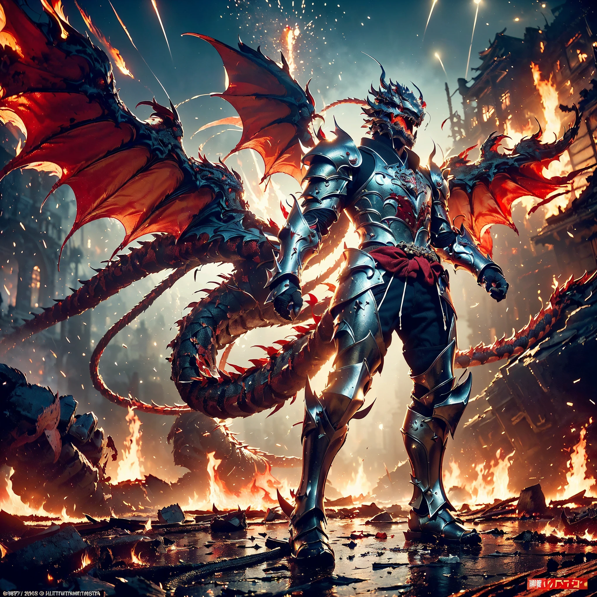 (((Realistic, masterpiece, best quality, crisp detail, high definition, high detail, very rich detail, sharp focus, sharp detail, colorful, rich color, perfect studio lightning))), ((20 years old, beautiful goddes of destructions, red hair)),(((in the middle of war, epic war scene, offensive stance))), wearing (((beautiful decorated golden heavy armor, fire dragon armor, decorated full body armor, fully armored beautiful kimono, wide fire wings))), (holding giant fire), (((blood everywhere, death everywhere, japan bakumatsu period, dead bodies, fire demons, burnt japanese castle, fire dragons, kaiju,meteor shower, red aurora)) flooded by molten lava traditional village background), heavy fire rain,
