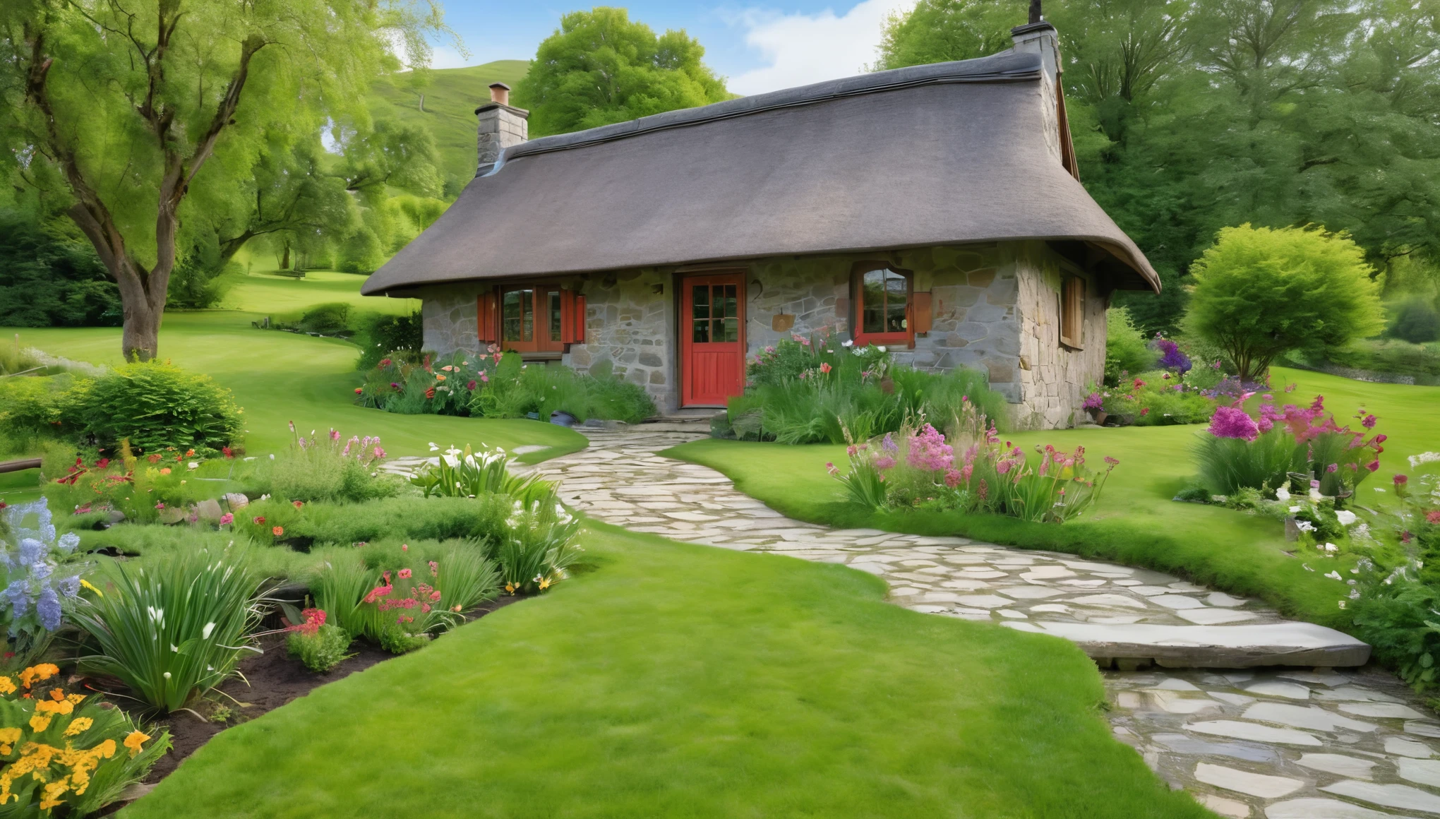 This image depicts a cozy, grass-covered cottage surrounded by a lush green landscape. The cottage features round wooden doors and windows with a storybook appearance. A stone path leads to the entrance of the house, surrounded by vibrant greenery and flowers. In front of the cottage is a small outdoor dining area with a wooden table and chairs, ready for tea and meals. The surrounding landscape is tranquil and picturesque, with hills, trees, and a peaceful pond reflecting the sky. The scene exudes tranquility and peace and seems like an ideal place to escape the hustle and bustle of everyday life and seek relaxation. This image depicts a beautiful retreat space at one with nature.