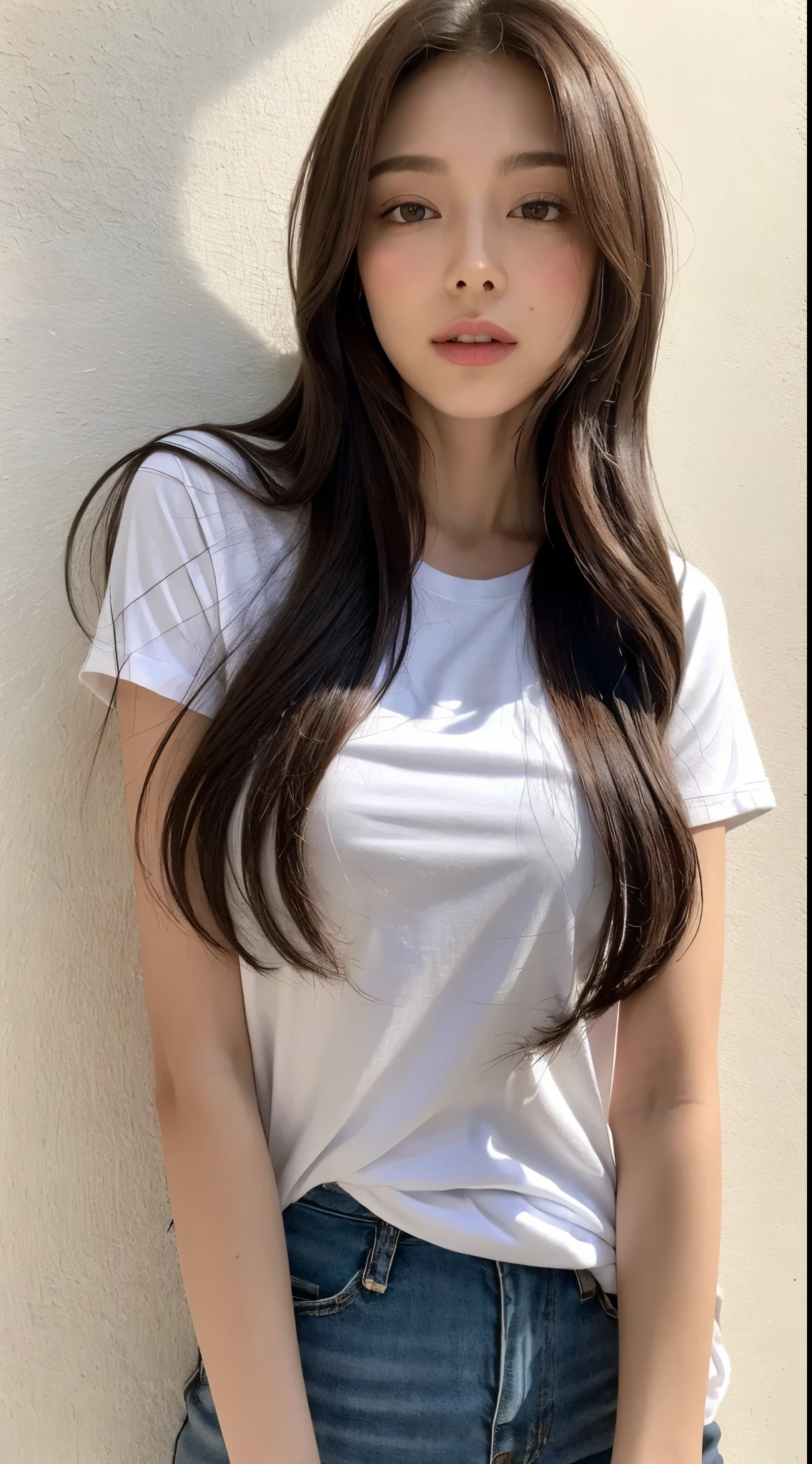 (daytime, wonderful, 8K, masterpiece:1.3)), full body, long legs, focal distance: 1.2, perfect body beauty: 1.4, slim abs: 1.1, ((dark brown hair,  1.2 )), (white skinny t-shirt,, Are standing: 1.2), ), Highly detailed face and skin texture, fine eyes, double eyelid, long flowing hair, Weather Caster,white wall