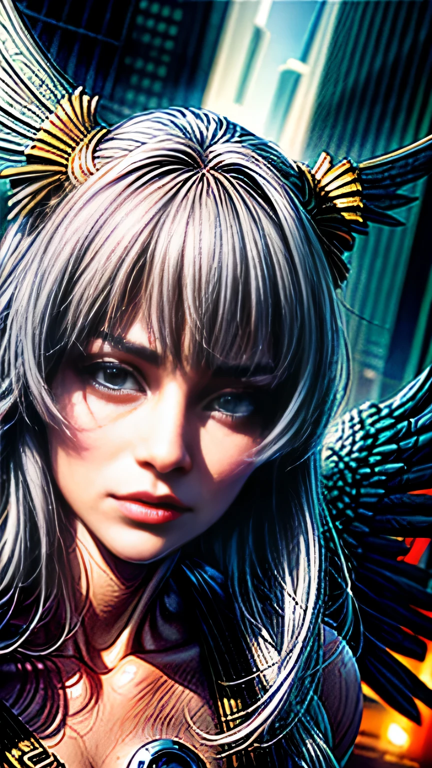 (((close up of face))), highest quality, realistic, realistic, award-winning illustrations, (intricate details: 1.2), (delicate details), (intricate details), (cinematic light, highest qualityのバックライト), clear line, sharp focus, official art, unity 8k wallpaper, absurd, incredibly absurd, Large archive files, Ultra- (in_main visual_street: 1.21), (neon lamp), fantasy art, nffsw, ((Close-up photos of the award-winning Studio Triangle)), 1 girl, incredibly beautiful, (Perfect smiling mouth), small breasts,((cyberpunk cityscape, Valkyrie,knife, robot arm)),Precise in beautiful eyes,perfect face,(cyberpunk blouse, leather jacket, Martin Boots),(perfect hands and fingers),(pleated skirt)), ((Supermodel Bag)), close up of face,