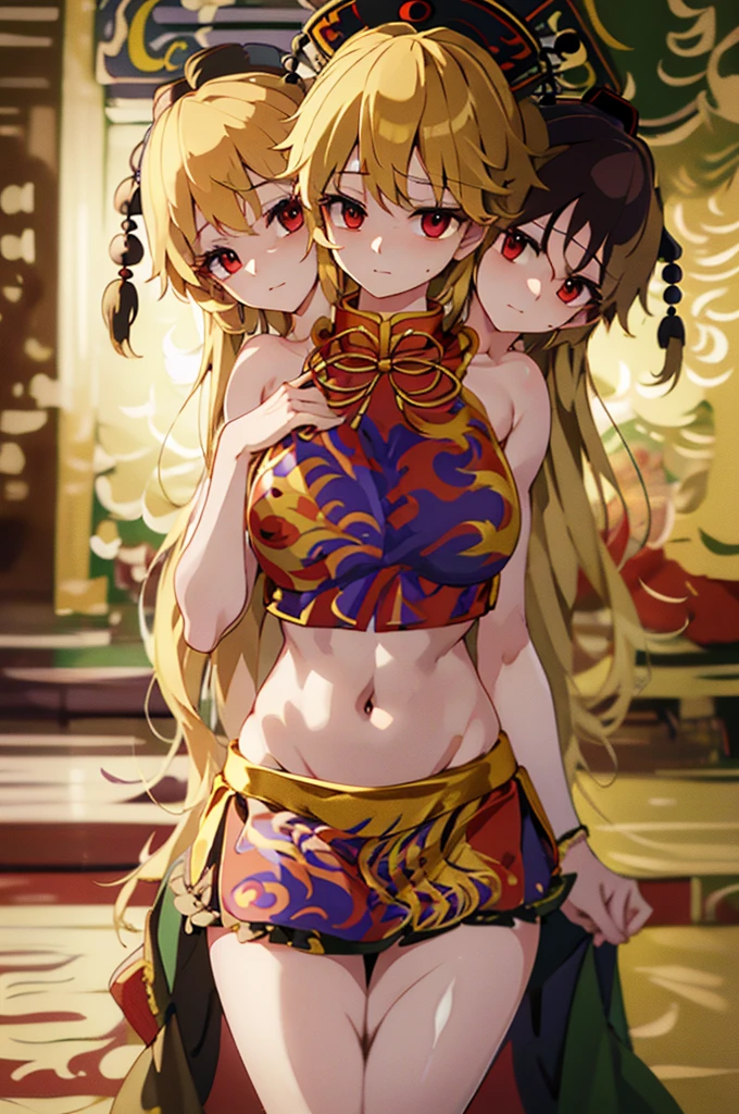 (masterpiece, best quality),best quality, (ultra-detailed), (3heads:1.5), 1girl, (junko (touhou):1.3), masterpiece, top best quality, ultra quality, ultra resolution, ultra detail, black top, crop top, ((stomach)), midriff, ((groin)), red and black skirt, normal ears, shackles, blonde hair, very long hair, wavy hair, sidelocks, red eyes, parted lips, single horn, sweat, cute, toned belly, hand on own chest, eyelashes, (25 year old woman:1.3), (masterpiece:1.5), (best quality:1.5), (beautiful detailed), extremely detailed CG, extremely delicate and beautiful, depth of field, (finely detailed face), (perfect details:1.3), (mature female:1.3), wide pelvis, slender, large veiny breast, 16k resolution, highres, very high quality, very high definition, extremely detailed, masterpiece, blonde hair, long hair, alluring presence, braid, short skirt, close up, big , young, chinese clothes, hair ornament, chinese headdress, adult woman, blonde