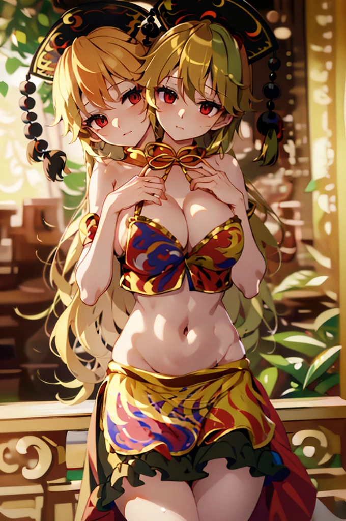 (masterpiece, best quality),best quality, (ultra-detailed), (3heads:1.5), 1girl, (junko (touhou):1.3), masterpiece, top best quality, ultra quality, ultra resolution, ultra detail, black top, crop top, ((stomach)), midriff, ((groin)), red and black skirt, normal ears, shackles, blonde hair, very long hair, wavy hair, sidelocks, red eyes, parted lips, single horn, sweat, cute, toned belly, hand on own chest, eyelashes, (25 year old woman:1.3), (masterpiece:1.5), (best quality:1.5), (beautiful detailed), extremely detailed CG, extremely delicate and beautiful, depth of field, (finely detailed face), (perfect details:1.3), (mature female:1.3), wide pelvis, slender, large veiny breast, 16k resolution, highres, very high quality, very high definition, extremely detailed, masterpiece, blonde hair, long hair, alluring presence, braid, short skirt, close up, big , young, chinese clothes, hair ornament, chinese headdress, adult woman, blonde