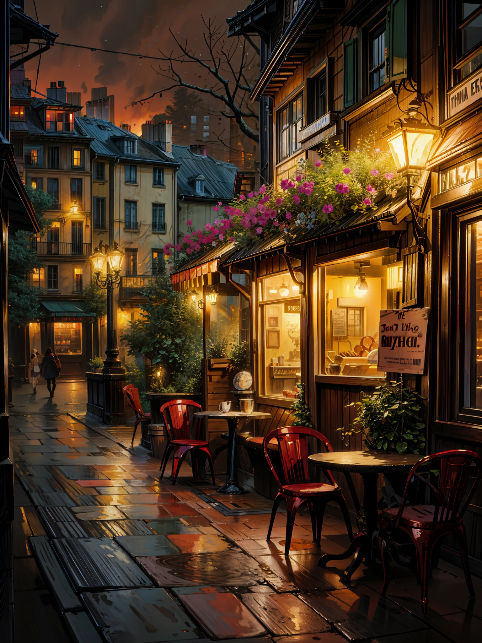 a painting of a city street at night, by Evgeny Lushpin, inspired by Evgeny Lushpin, cozy cafe background, parisian street at night, cinematic paris, ( ( thomas kinkade ) ), paris background, pleasant cozy atmosphere, romantic atmosphere, rainy night city street, beautiful ambiance, night ambience, cosy atmosphere, rich moody atmosphere, cozy atmosphere,  4k hd,, beautiful art uhd 4 k, a beautiful artwork illustration, beautiful digital painting, highly detailed digital painting, beautiful digital artwork, detailed painting 4 k, very detailed digital painting, rich picturesque colors, gorgeous digital painting