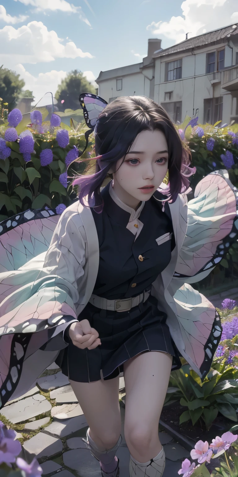 Ultra-realistic 8k CG, masterpiece,(mini skirt生脚白いパンティ:1.4) close, (weapon in hand: 1.2), (attack: 1.2), beauty, goddess, (White panties and bare legs:1.3),from the front, face sticking out, (super detailed background, delicate pattern, intricate details)), high quality, highly detailed face, (超mini skirtから見える白いパンティクロッチ:1.4)、highly detailed eyes and face, highly detailed eyes, kocho shinobi, colorful hair, No bangs, hair intake, purple eyes, amount, black shirt, black pants (Haori, butterfly, button, belt, (garden: 1.2), purple flowers, Chibi, cloudy null, sunlight, Tyndall effect, exy、Slope_null, face, gorgeous null, Sword at the waist,Ultra-realistic 8k CG, masterpiece,(mini skirt生脚白いパンティクロッチ:1.4) close, (weapon in hand: 1.2), (attack: 1.2), beauty, goddess, from the front, face sticking out, (super detailed background, delicate pattern, intricate details)), high quality, highly detailed face, highly detailed eyes and face, highly detailed eyes, kocho shinobi, colorful hair, No bangs, hair intake, purple eyes, amount, black shirt, black pants (Haori, butterfly, button, belt, (garden: 1.2), purple flowers, Chibi, cloudy null, sunlight, Tyndall effect, Slope_null, face, gorgeous null, Sword at the waist,