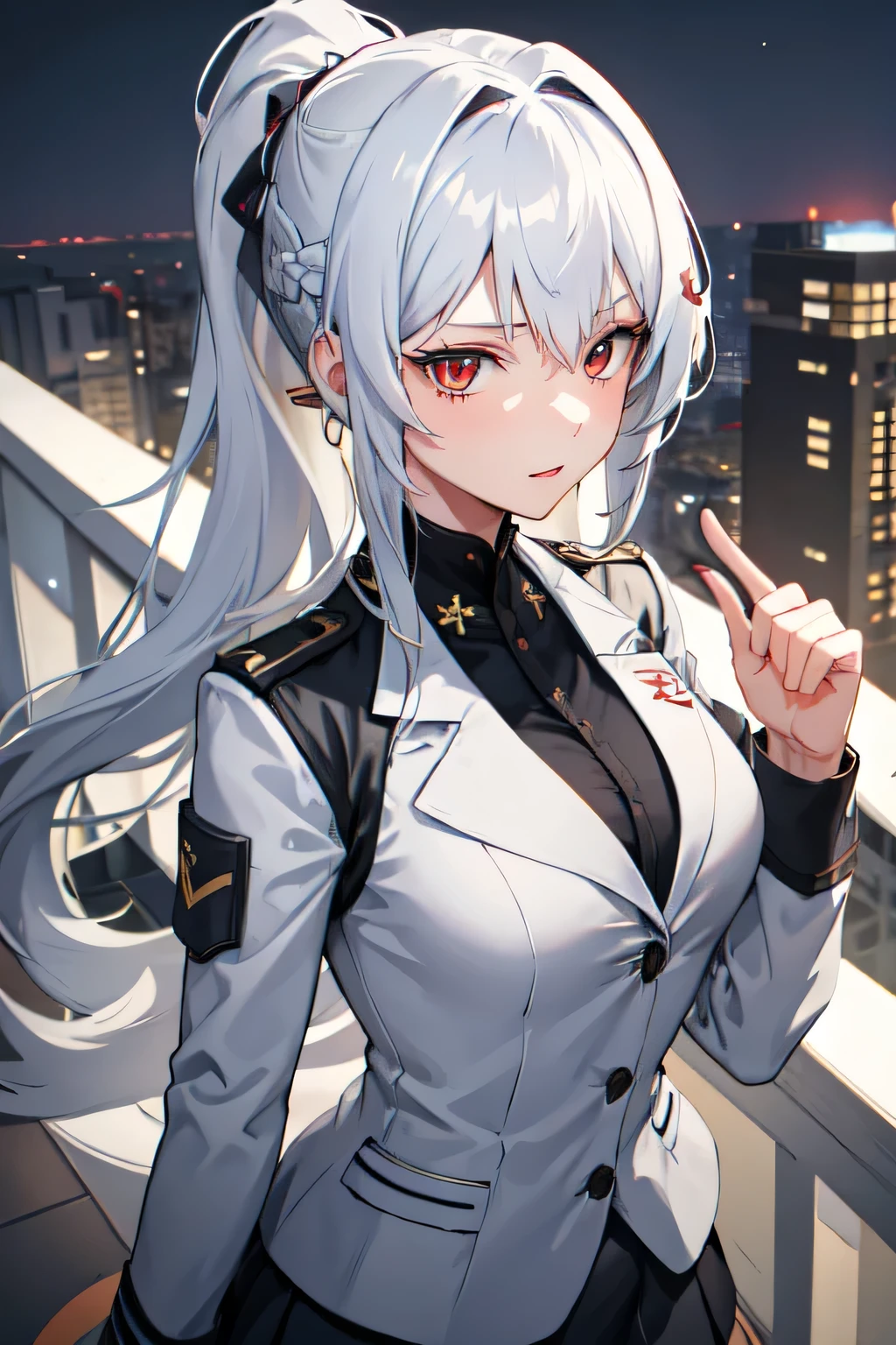 1girl,in rooftop school,using grey teacher suit,longhair,white hair,ponytail hair,red eyes, happines expression