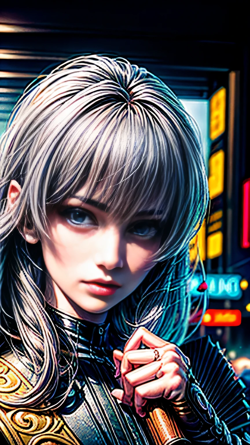 (((close up of face))), highest quality, realistic, realistic, award-winning illustrations, (intricate details: 1.2), (delicate details), (intricate details), (cinematic light, highest qualityのバックライト), clear line, sharp focus, official art, unity 8k wallpaper, absurd, incredibly absurd, Large archive files, Ultra- (in_main visual_street: 1.21), (neon lamp), fantasy art, nffsw, ((Close-up photos of the award-winning Studio Triangle)), 1 girl, incredibly beautiful, (Perfect smiling mouth), small breasts,((cyberpunk cityscape, Valkyrie,knife, robot arm)),Precise in beautiful eyes,perfect face,(cyberpunk blouse, leather jacket, Martin Boots),(perfect hands and fingers),(pleated skirt)), ((Supermodel Bag)), close up of face,