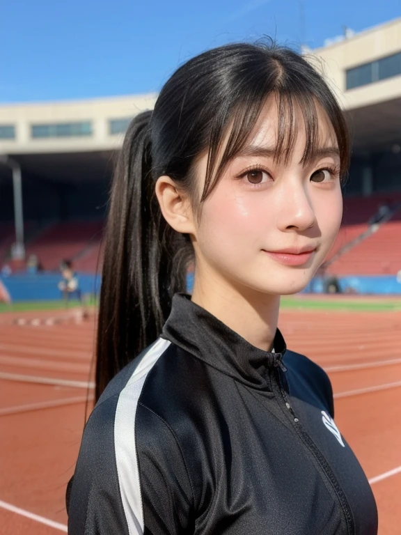 (kawaii 24 year-old Japanese girl, perfect athlete body, Nogizaka idol, Korean idol), (glossy black hair, high ponytail:1.3), (bangs), (rounded face, single eyelid, no makeup, soft smiling:1.2), (wearing track suit:1.3), flat chest, (looking at viewer:1.2), BREAK, (track and field stadium background:1.3), (summer, daytime), sunlight from forward, (dynamic angle:1.3), BREAK, (masterpiece, best quality, photo realistic, official art:1.4), (UHD, 8K quality wallpaper, high resolution, raw photo, film grain, golden ratio:1.2), (shiny skin), professional lighting, physically based rendering, award winning, (perfect anatomy, highly detailed skin textures, extremely detailed face and eyes, well drawn glittering pupils), Carl Zeiss 85 mm F/1.4, depth of field, 1girl, solo,