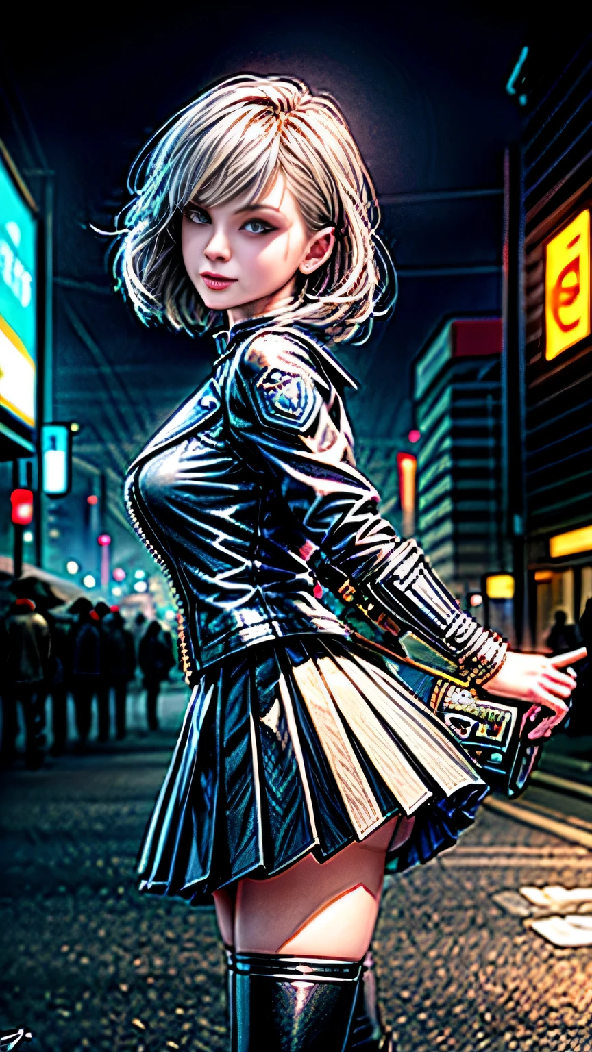 (((close up of face))), highest quality, realistic, realistic, award-winning illustrations, (intricate details: 1.2), (delicate details), (intricate details), (cinematic light, highest qualityのバックライト), clear line, sharp focus, official art, unity 8k wallpaper, absurd, incredibly absurd, Large archive files, Ultra- (in_main visual_street: 1.21), (neon lamp), fantasy art, nffsw, ((Close-up photos of the award-winning Studio Triangle)), 1 girl, incredibly beautiful, (Perfect smiling mouth), small breasts,((cyberpunk cityscape, Valkyrie,knife, robot arm)),Precise in beautiful eyes,perfect face,(cyberpunk blouse, leather jacket, Martin Boots),(perfect hands and fingers),(pleated skirt)), ((Supermodel Bag)), close up of face,