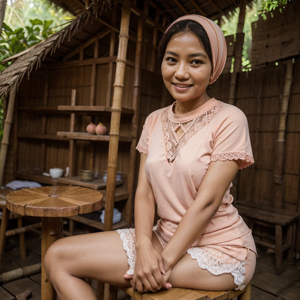 A 52 years old Indonesian woman in peach color hijab, wearing peach color lace tight t-shirt, wearing very short peach color lace shorts, villager, poor woman, darker skin, curvier body, short body, smiling and sitting on a stool in the old bamboo cabin in a forest, look to the viewer with eye close