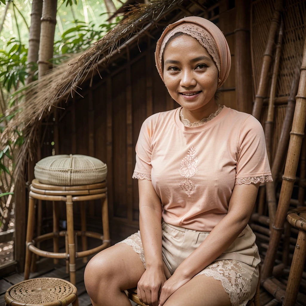 A 52 years old Indonesian woman in peach color hijab, wearing peach color lace tight t-shirt, wearing very short peach color lace shorts, villager, poor woman, darker skin, curvier body, short body, smiling and sitting on a stool in the old bamboo cabin in a forest, look to the viewer with eye close