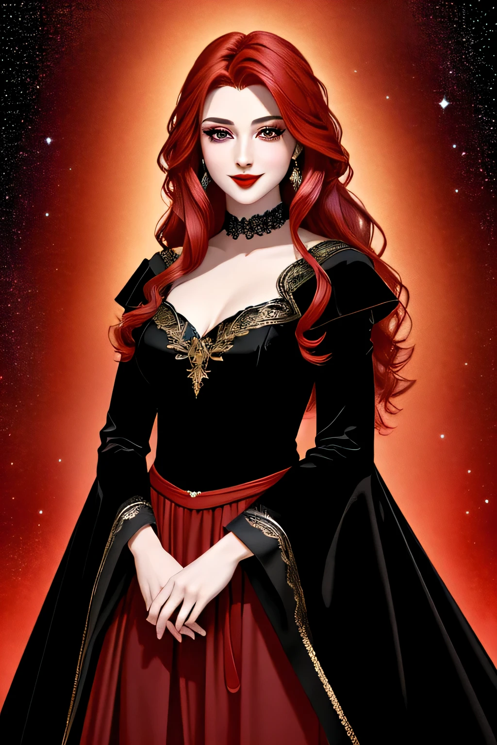 (Masterpiece, Best Quality:1.3), absurdres, (8k resolution), illustration, ((outline, thick lineart)), (faux traditional media:1.3), looking at viewer,(masterpiece,best quality),HDR,high-definition,[[Intricate Details]],cinematic,photorealisticportrait shot, ((vivid red hair)), mature woman, 30 years old, diamond face, moonlight, red starry sky background, depth of field, magic, big red lips, ((dark black eyes)) red long and full dress, covered chest, mystical atmosphere, smile expression, posing, taut and well defined body, attractive. Highly realistic, pale skin, beautiful, hyperrealism, skin very elaborated, direct gaze

