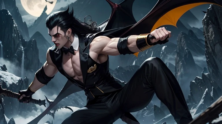 Create a vampire with pale skin and yellow eyes, com cabelo curto, preto e ondulado, with a strong physique and working out in chic formal clothes, flying over mountains his power is flying, and his pet bat that has two heads. His name is Draven