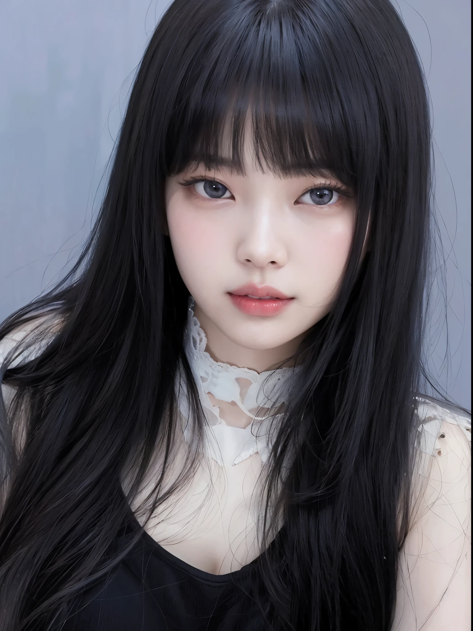A close-up of a woman with long black hair wearing a black top with a jacket and dark blue eyes, She has black hair with bangs, inspiration in Ma Yuanyu, in bowater art style, in an anime style, Portrait of Tifa Lockhart, in anime style, 1 7 year old anime gothic girl, with long dark hair, She has black hair , jisoo from blackpink, popular south korean makeup, quality detailed ,(beautiful makeup :1.2), wide hips, Big, Big ass, (best quality, 8k, masterpiece: 1.3), clear focus: 1.2, Perfect body beauty: 1.4, strong abs, Very detailed face and skin texture. , detailed eyes, double eyelids, (long hair), Having very marked curves, with greater volume in ((hips and breasts)), which makes the waist look much smaller ((wasp waist)).(masterpiece, top quality, Best Quality, official art, depth of field, Beauty: 1.2), pinnacle rendering, Realistic representation, (1 girl)