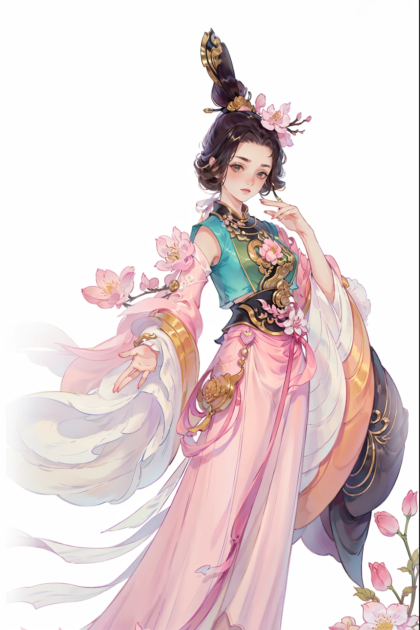 （masterpiece，super detailed，HD details，highly detailed art）1 girl，Half body，xianxia，monochrome，pink skirt，Pink peach blossoms，elegant，Highly detailed character designs from East Asia，Game character costume design，simple，ultra high resolution, sharp focus, epic work, masterpiece, (Very detailed CG unified 8k wallpaper)，pretty face，beautiful eyes，HD details