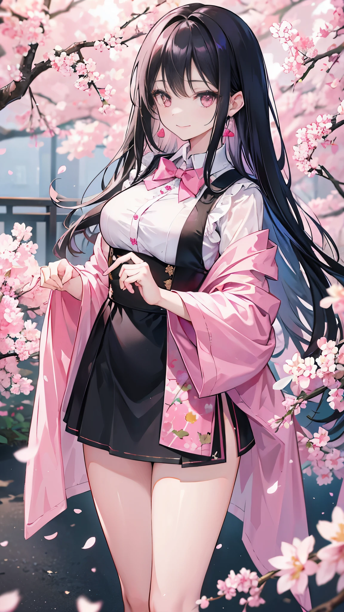 4K picture of a girl with black hair, , medium breasts, pink eyes, long hair, left bow tie...,, wearing a Yas style cheongsam, wearing earrings, standing in a cherry blossom garden. With an expression  smile