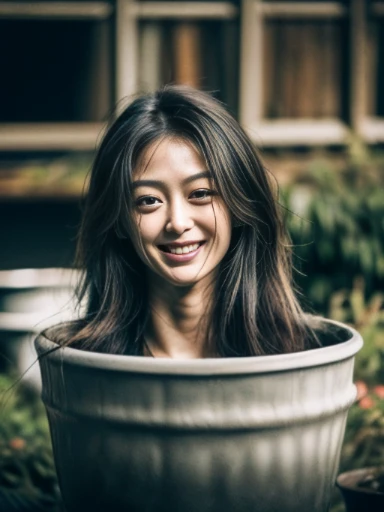 (masterpiece,best quality,photo-realistic:1.2),highres, (high detailed face), (high detailed skin), (Japanese young adult woman's head in a pot, neck:1.5), (face in front, looking at viewer:1.3), ((smile)), (fine-textured skin:1.2), dark hair, outdoor, garden, daytime, cinematic lighting, soft lighting,