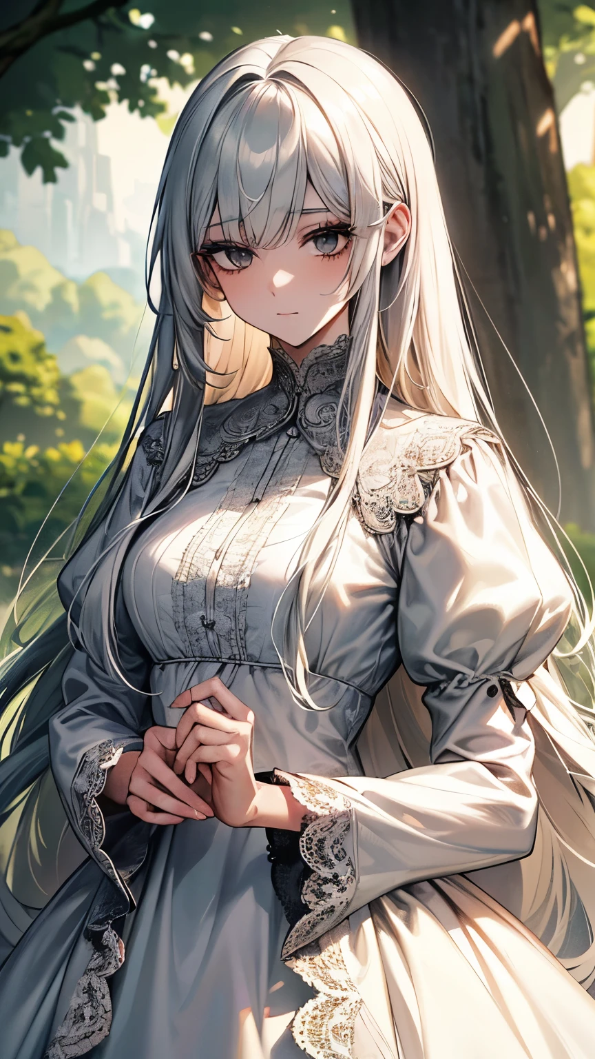 best quality, super fine, 16k, incredibly absurdres, extremely detailed, beautiful woman, white-silver straight hair, bangs, long white bushy eyelashes, slender, tight long black dress with lace, black eyes, located on top of a lush green hill, fantastic and mysterious, sunlight shining through, iridescent fluffy pastel color image style