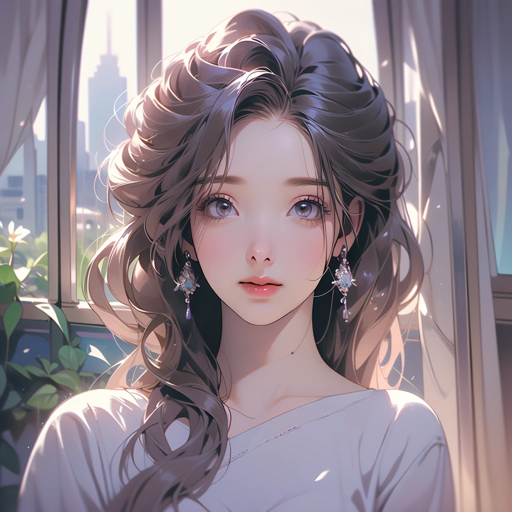 (a)best quality,4k,8k,highres,masterpiece:1.2,ultra-detailed,(realistic,photorealistic,photo-realistic:1.37),HDR,UHD,studio lighting,vivid colors,bokeh,(portraits:1.2) (a)A gorgeous woman in a white sheer night gown, beautiful detailed eyes,beautiful detailed lips,eyelashes, (medium,watercolor,sketch,illustration,drawings) rendering, (a)opens the curtains and looks out her window, (a)at a futuristic city, (a)sparkling city lights reflecting in the glass, (knit,organic) texture,smooth,flowing fabric,diaphanous, (a)garden view with lush, colorful flowers, (a)towering skyscrapers reaching for the sky, (the) feeling of anticipation,excitement in the air, (a)modern architecture and sleek design, (different) shades of blue and purple illuminating the night sky, (a)warm, soft glow from the city lights, (detailed) facial features and expressions, cityscape with flying vehicles and futuristic technology, (the) woman's hair flowing in the wind, (a)high level of detail in the surroundings, (a)sense of tranquility and elegance, (a)subtle reflection of the woman in the window, (a)sophisticated and fashion-forward atmosphere, (a)slight fog adding a mysteriously beautiful touch, (a)blurring of the city lights, (the) woman's peaceful and serene expression, (a)perfectly manicured gardens below, (a) mix of traditional elements and futuristic elements, (a) futuristic fashion style with innovative design, (a) contrast between the natural world and the urban city, (the) woman's posture exuding confidence, (a)unique and captivating composition, (a)hint of futuristic technology in the woman's surroundings, (the) woman's curiosity about the city's future, (a)calm and gentle breeze, (soft,delicate) texture of the night gown, (the) woman's appreciation for the beauty around her.