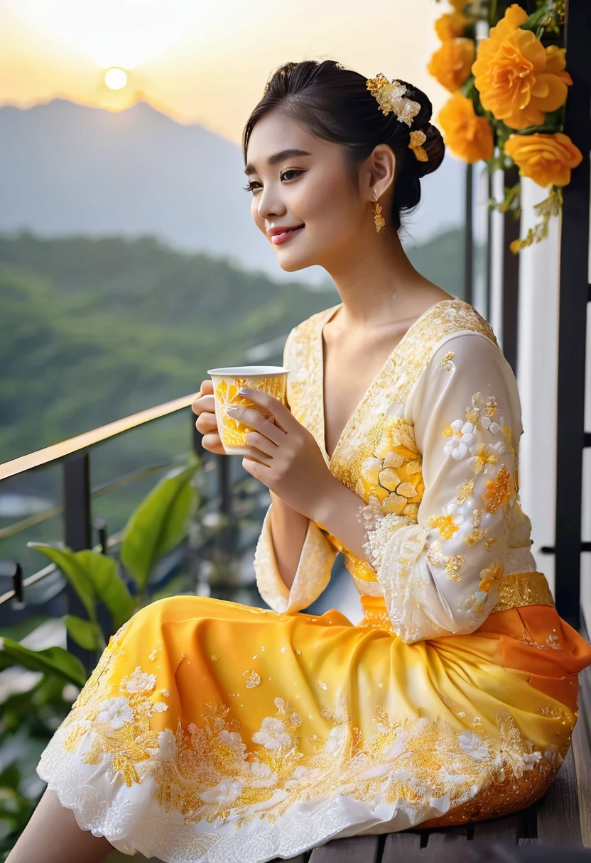 A young woman, 28, wears a Thai dress of yellow, gradient white, gradient gold, gradient orange, embroidered with sequins, lace pattern, flowing fabric, tiered skirt, flower petals with diamonds, bun hairstyle, AI scene on the balcony, sitting holding a coffee mug at home.,garden ai flowers,mountain,realistic sun,Maximum resolution,65k